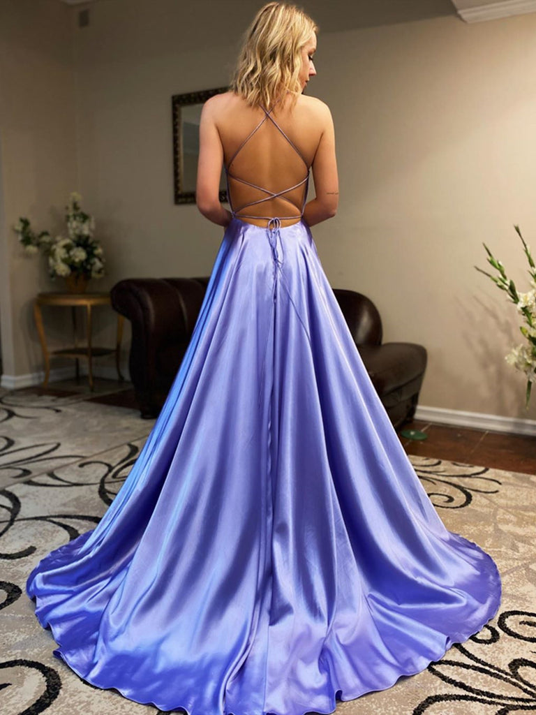 V Neck Purple Backless Long Prom ...